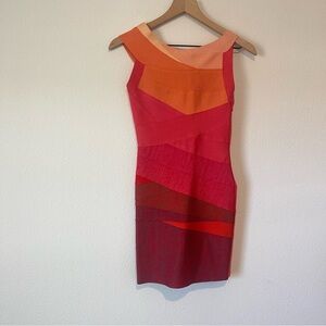 Vintage Herve Leger Bandage Dress Sm Orange Multi Fitted Stretch Bodycon *flaw